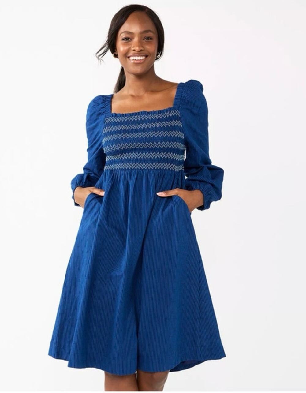 Draper James RSVP Navy Smocked Square Neck Long Sleeve Midi Dress Pockets Sz L